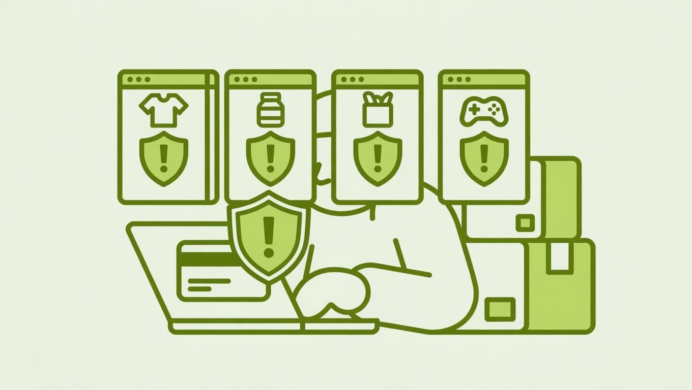 A buyer's credit card being blocked at multiple online storefronts with a warning shield icon