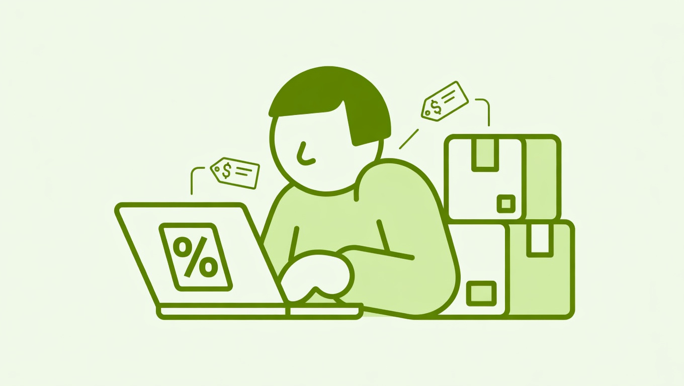 Shopify store owner updating product prices in bulk on a laptop with a percentage icon on screen