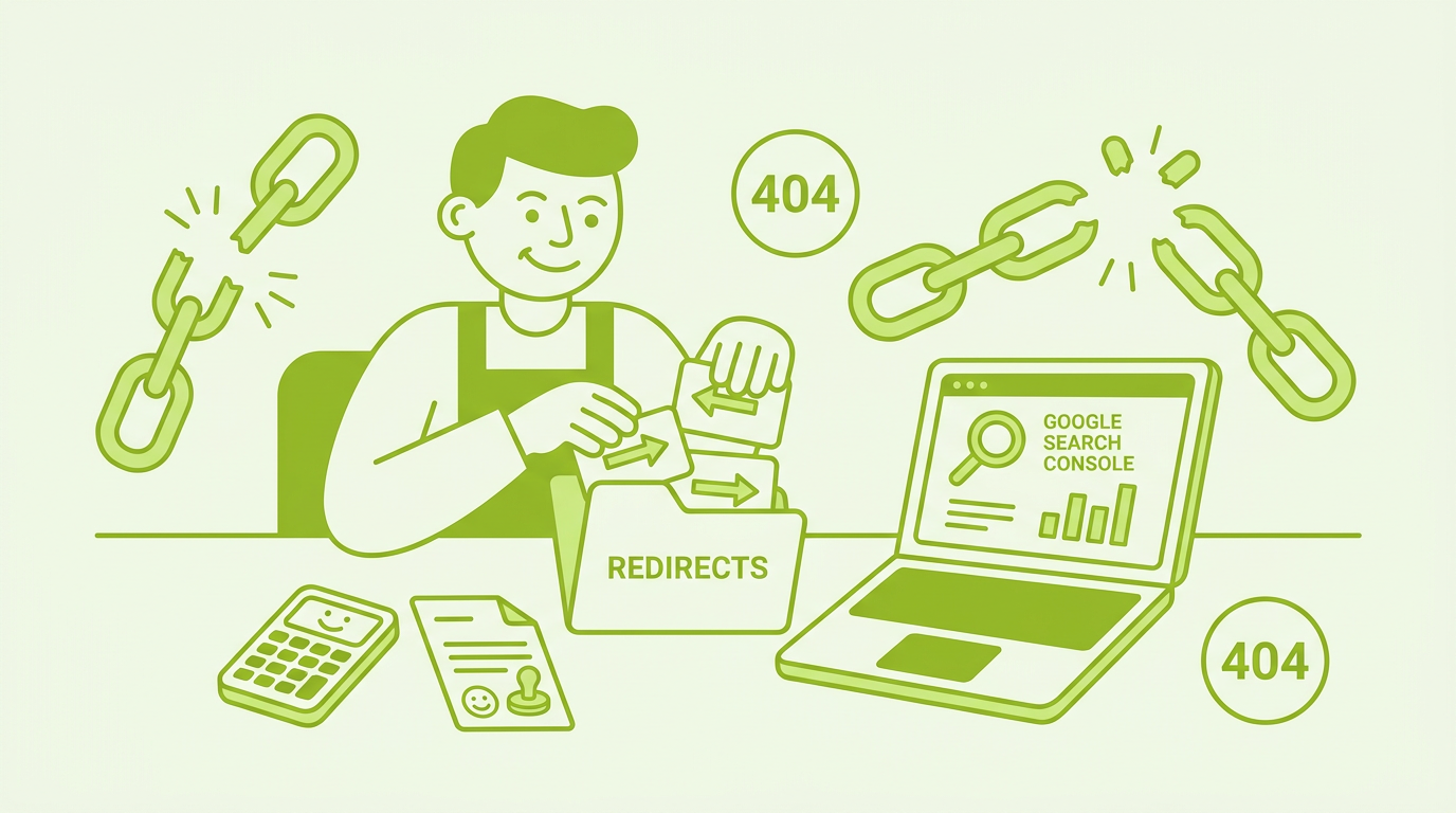 Shopify store owner managing 404 redirect errors on a laptop with broken link icons and a checklist