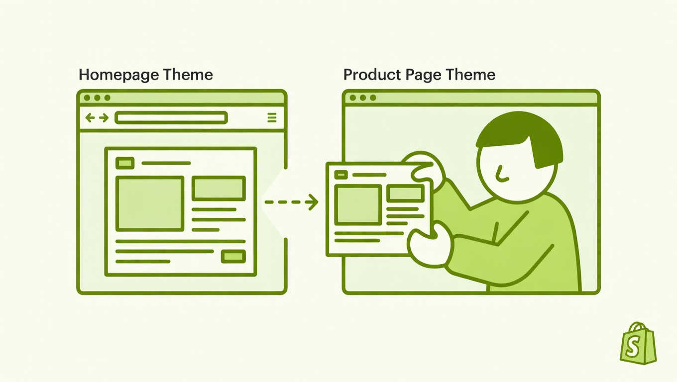 Shopify store owner dragging and copying a website section between two browser windows representing different theme pages