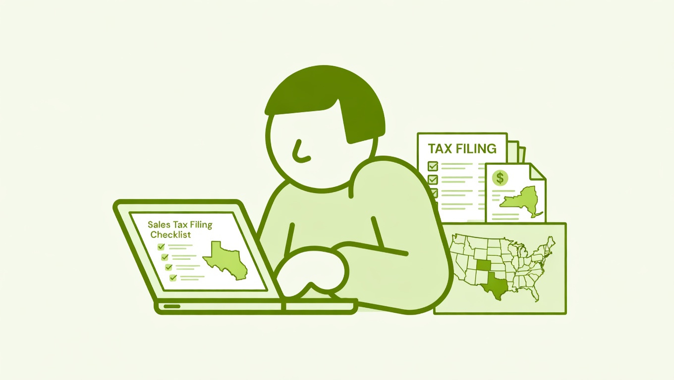 Shopify store owner reviewing a sales tax filing checklist on a laptop with state maps and tax documents nearby