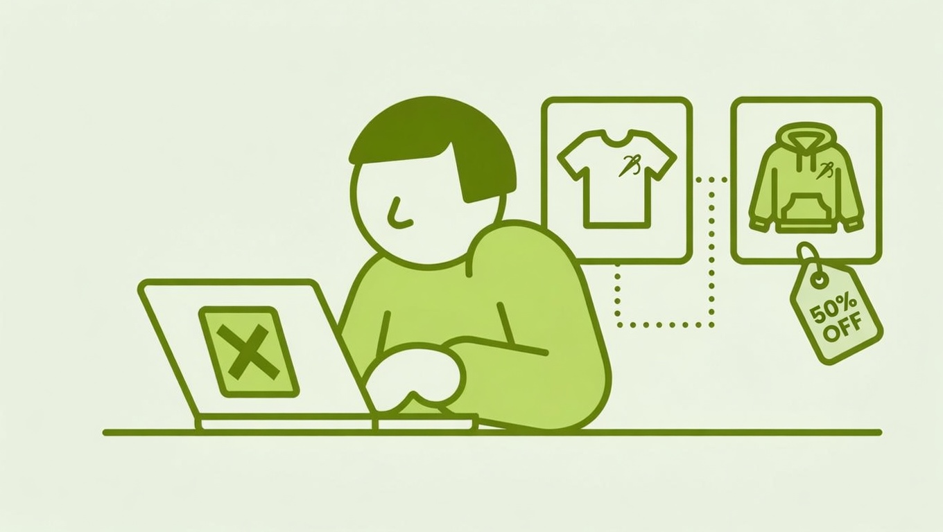 A Shopify store owner configuring a custom embroidery upsell offer with two product cards and a discount badge on screen