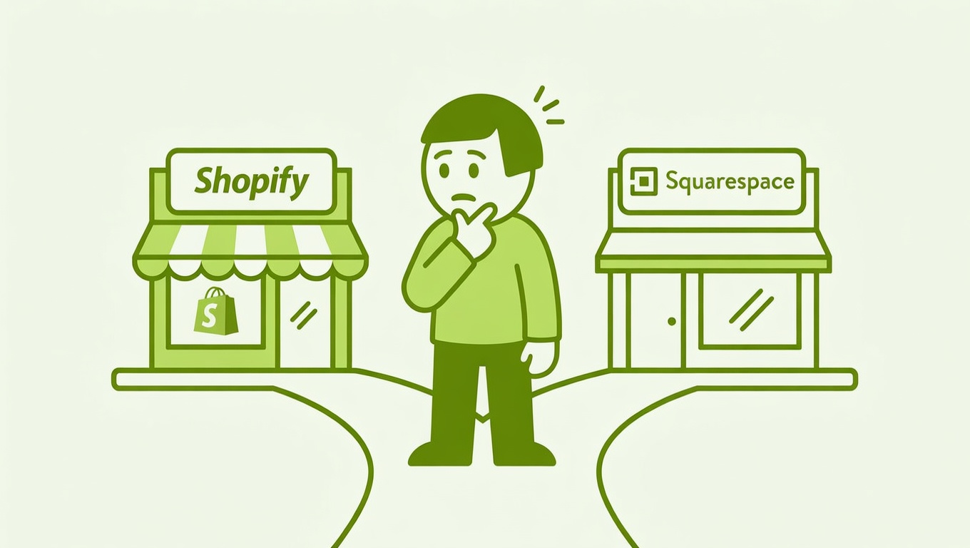 A store owner at a crossroads choosing between two platforms, Shopify and Squarespace, represented as two distinct storefronts